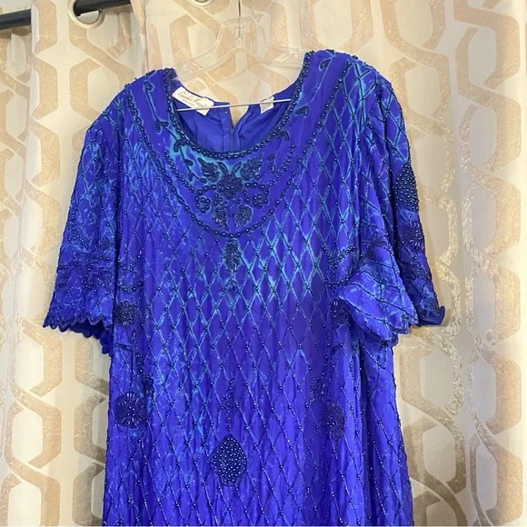 Vintage Laurence Kazer New York Y2K 100% Silk Elegant Blue Beaded Dress Size 3X - Picture 4 of 15